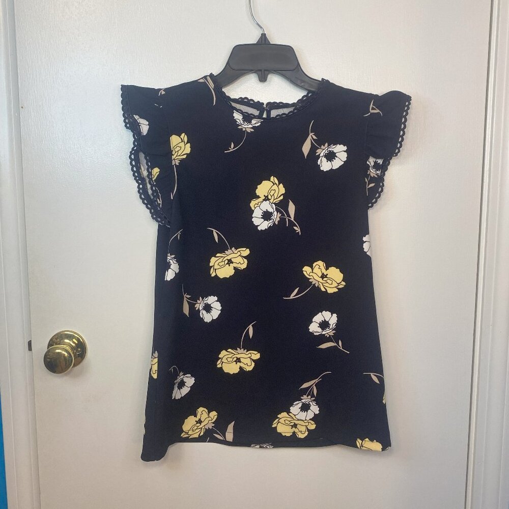 Ann Taylor sleeveless Black with yellow and white flowers